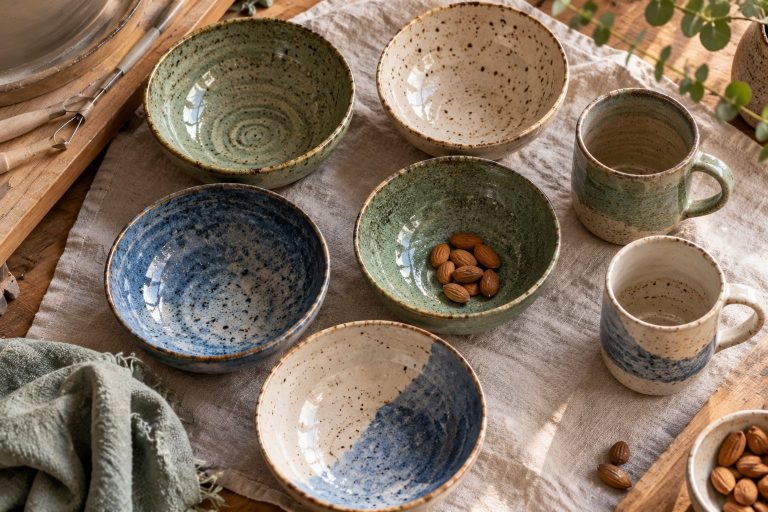 Bowls and cups on linen